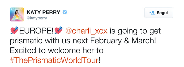 Katy Perry tweet Prismatic Tour Charli XCX