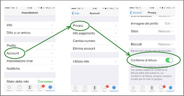 WhatsApp disattivare spunte blu iPhone