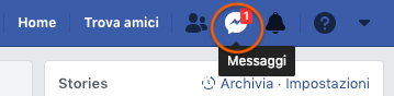 barra menu facebook con icona messenger in evidenza