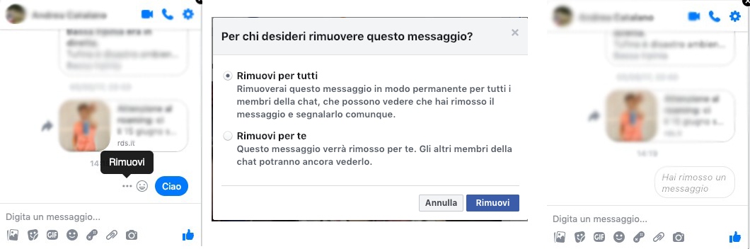 rimozione messaggi messenger