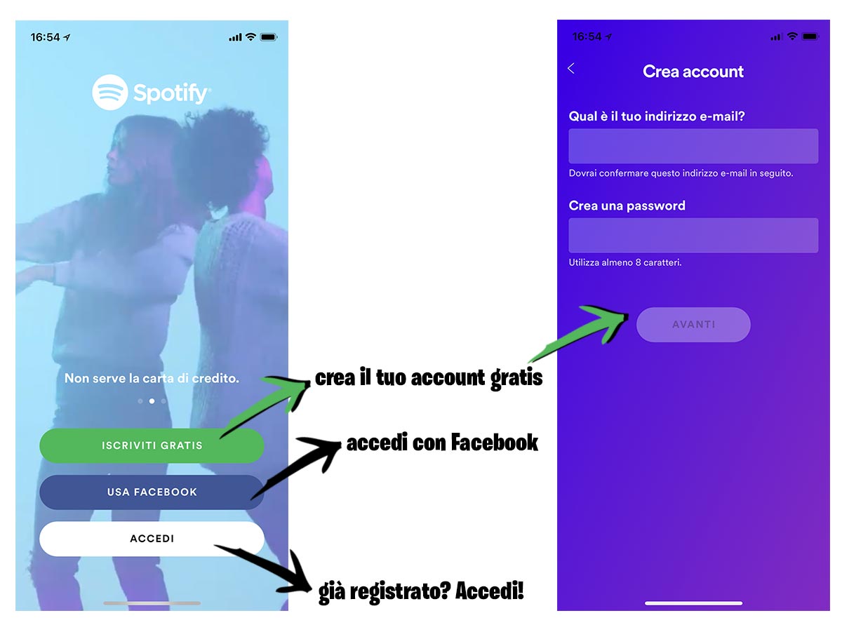 Crea un account su Spotify o accedi