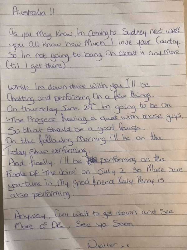 Niall Horan e la lettera ai fan australiani