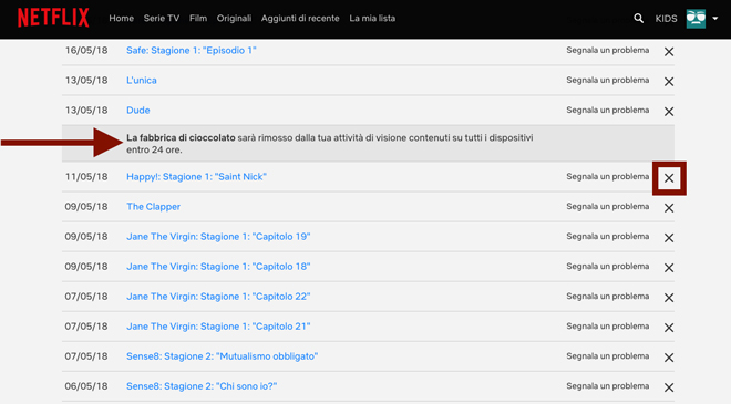 Netflix rimuovi titolo cronologia