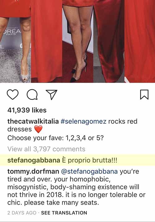 Stefano Gabbana commento contro Selenza Gomez