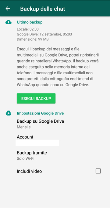 schermata di backup chat su whatsapp per android