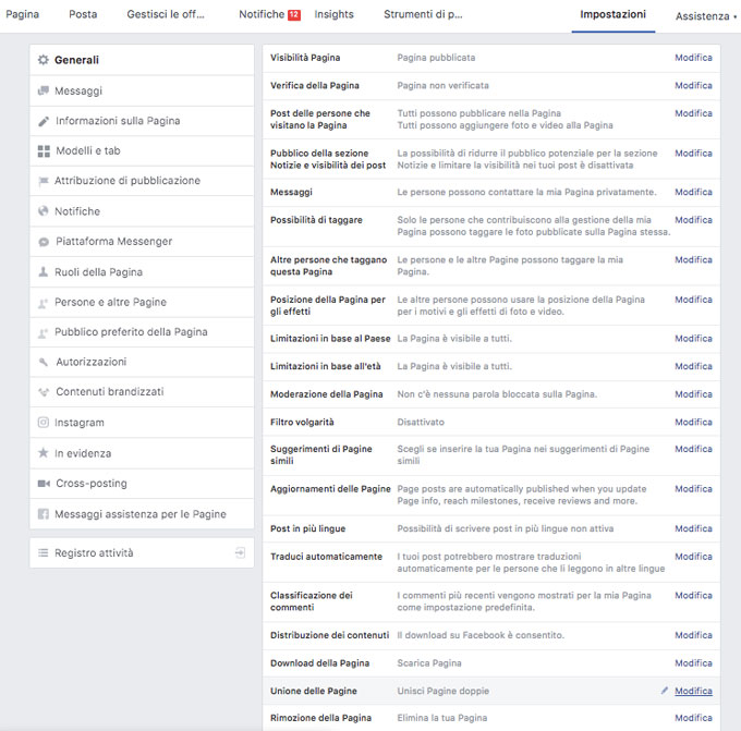 schermata impostazioni generali di una pagina facebook