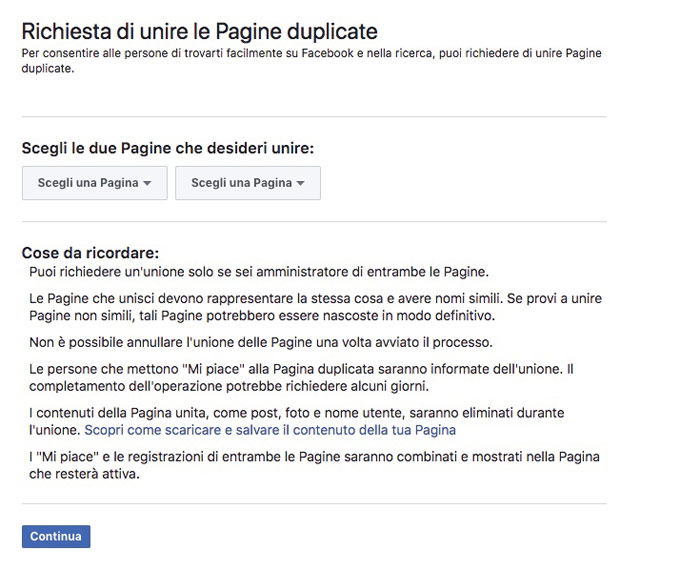 schermata della pagina di unione pagine facebook