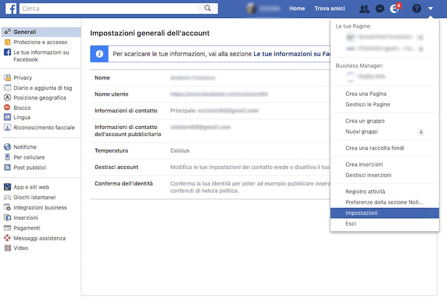 schermata menu impostazione su facebook