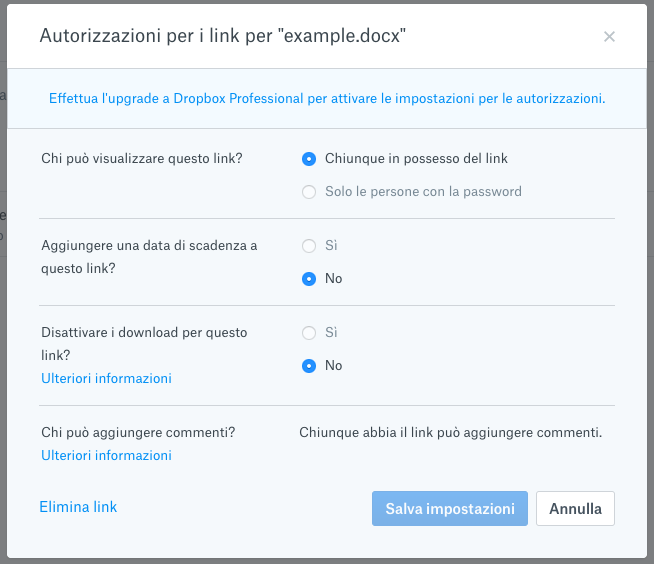 grado di condivisione su dropbox