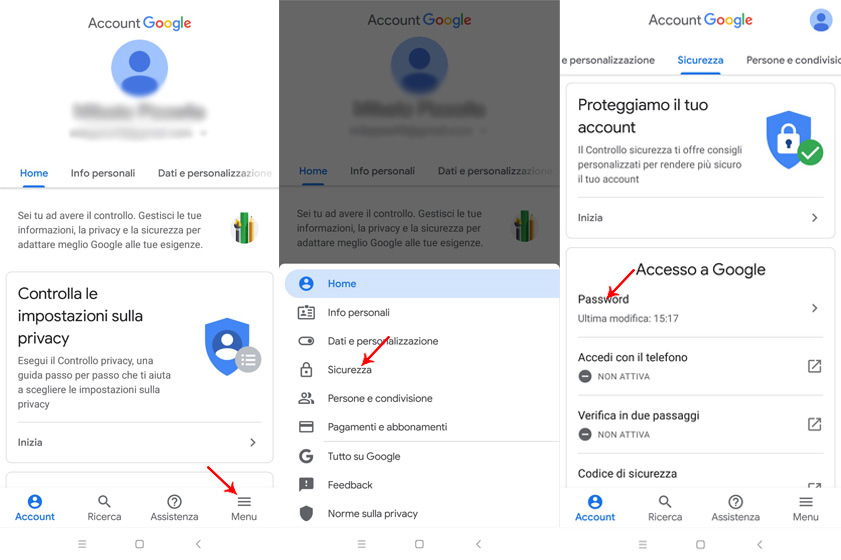 schermata modifica password gmail da mobile 