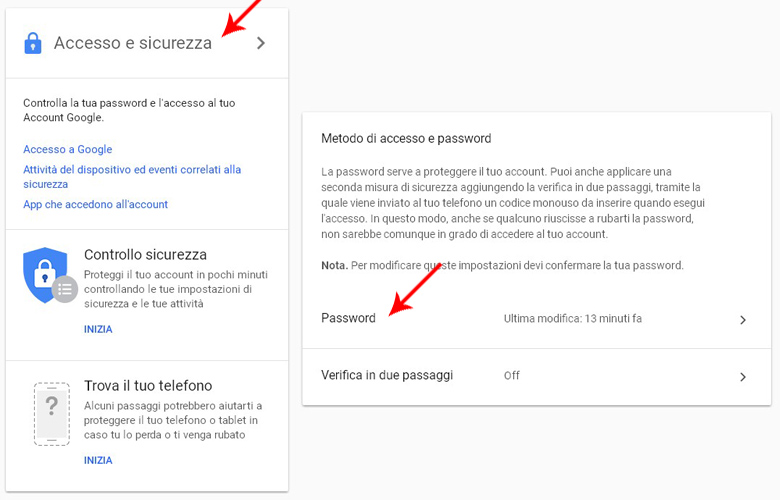 schermata di modifica password