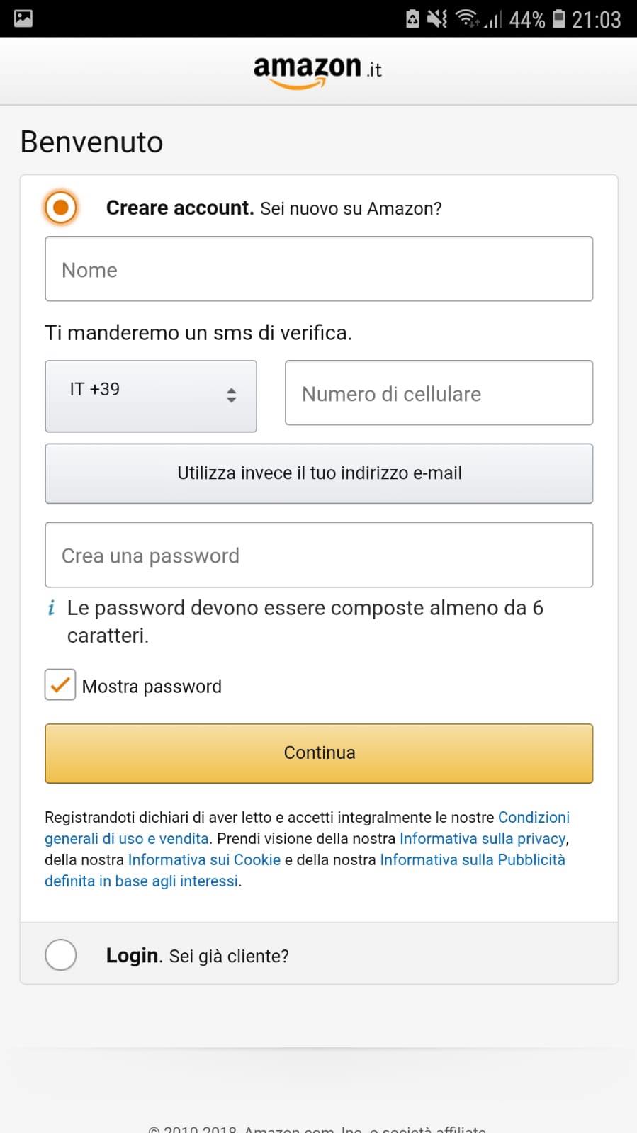 crea account amazon smartphone