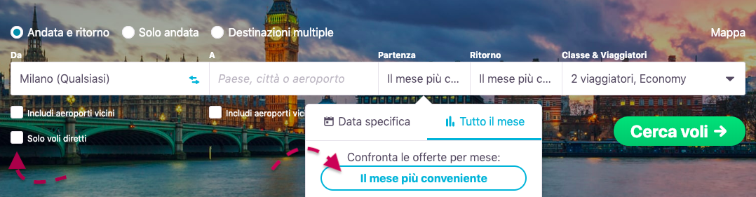 ricerca volo low cost su skyscanner