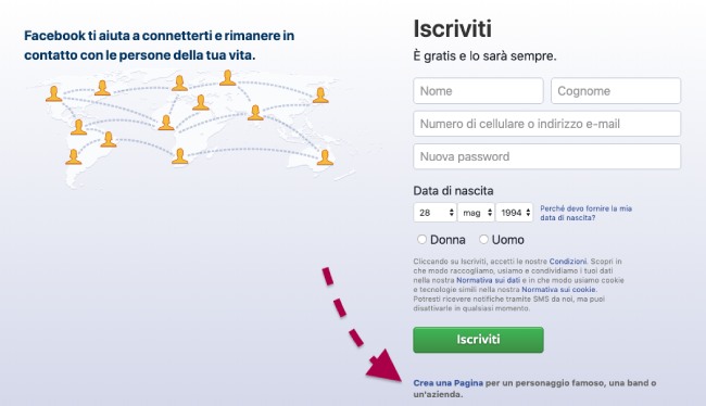 iscrizione a Facebook pulsante crea pagina