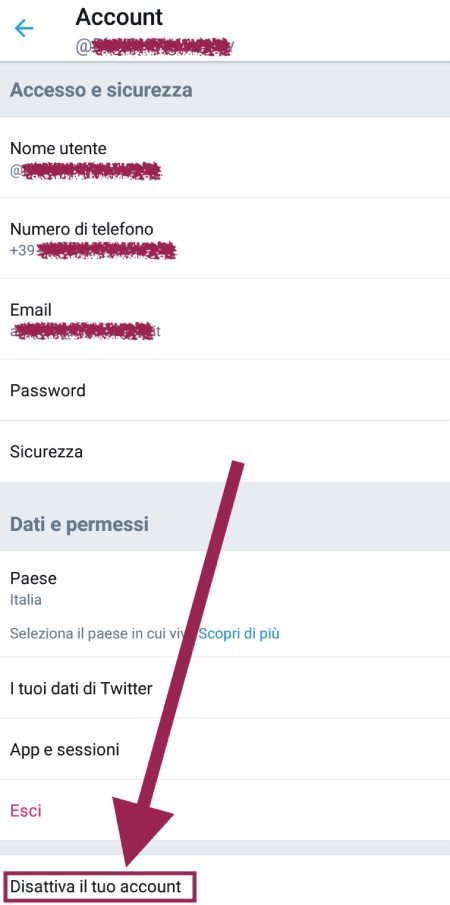 disattivare account twitter su android