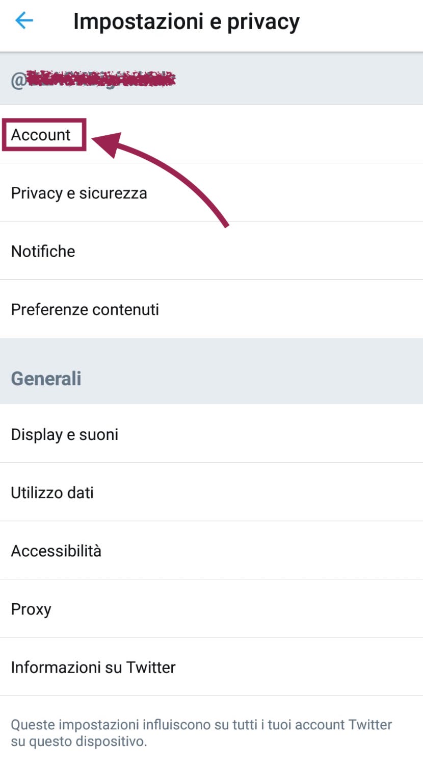 impostazioni account twitter android