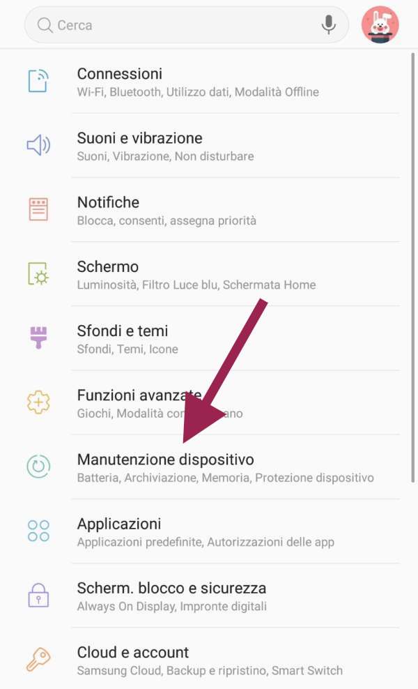 impostazioni android manutenzione