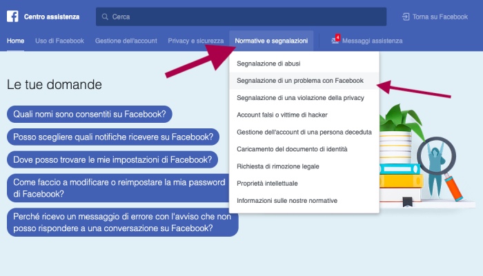 sezione aiuto facebook