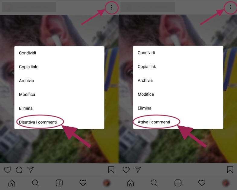 attivare e disattivare commenti post instagram pubblicato