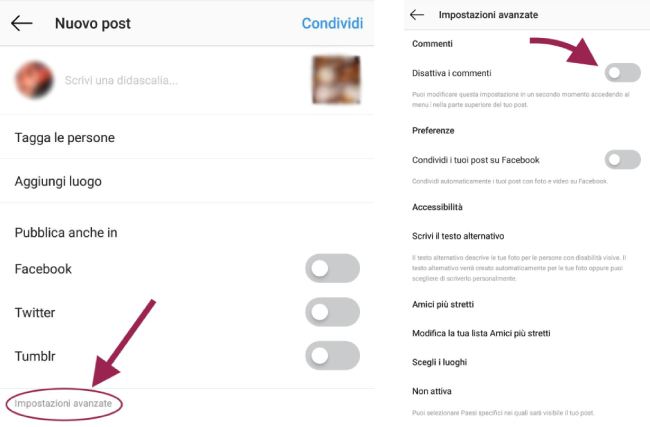 disattivare commenti instagram nuovo post