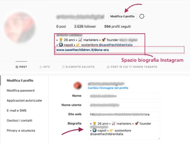 modificare biografia instagram web