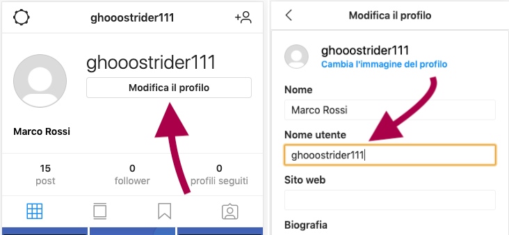 cambiare nome su instagram da smartphone