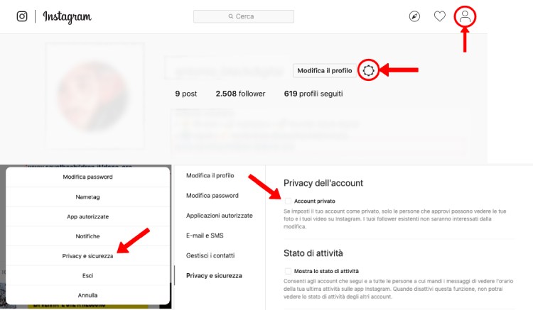 impostare account privato su instagram da computer