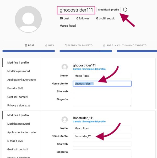 modificare nome su instagram da computer