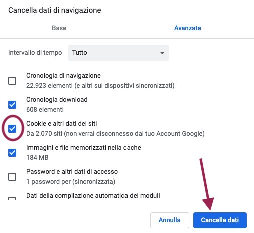 cancella cookie chrome