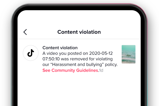 TikTok notifica blocco video