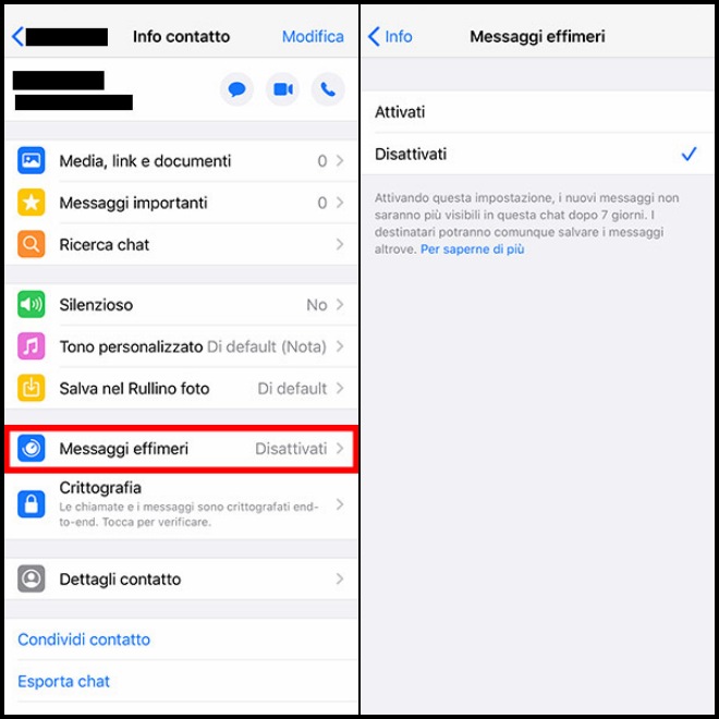 Messaggi effimeri whatsapp attivati
