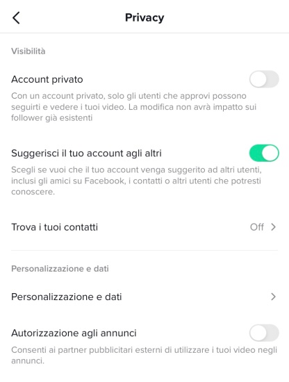 TikTok Impostazioni privacy