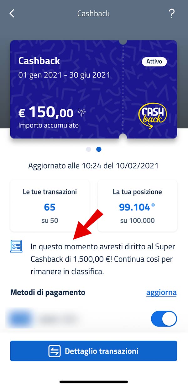 Super Cashback transazioni 10 febbraio 2021