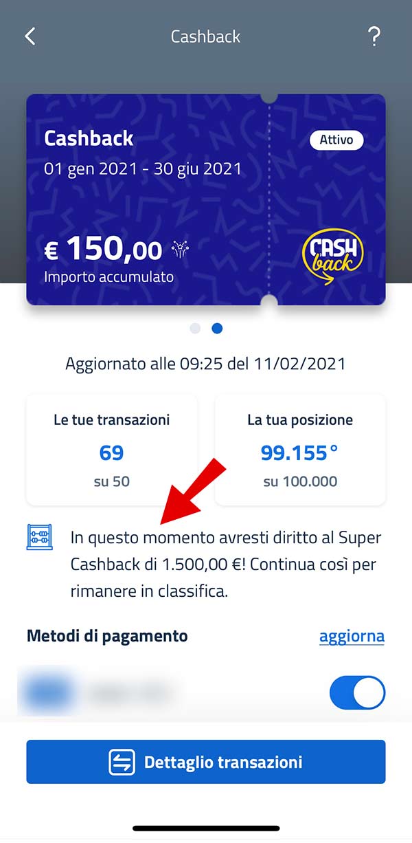 Super Cashback numero transazioni 11 febbraio 2021