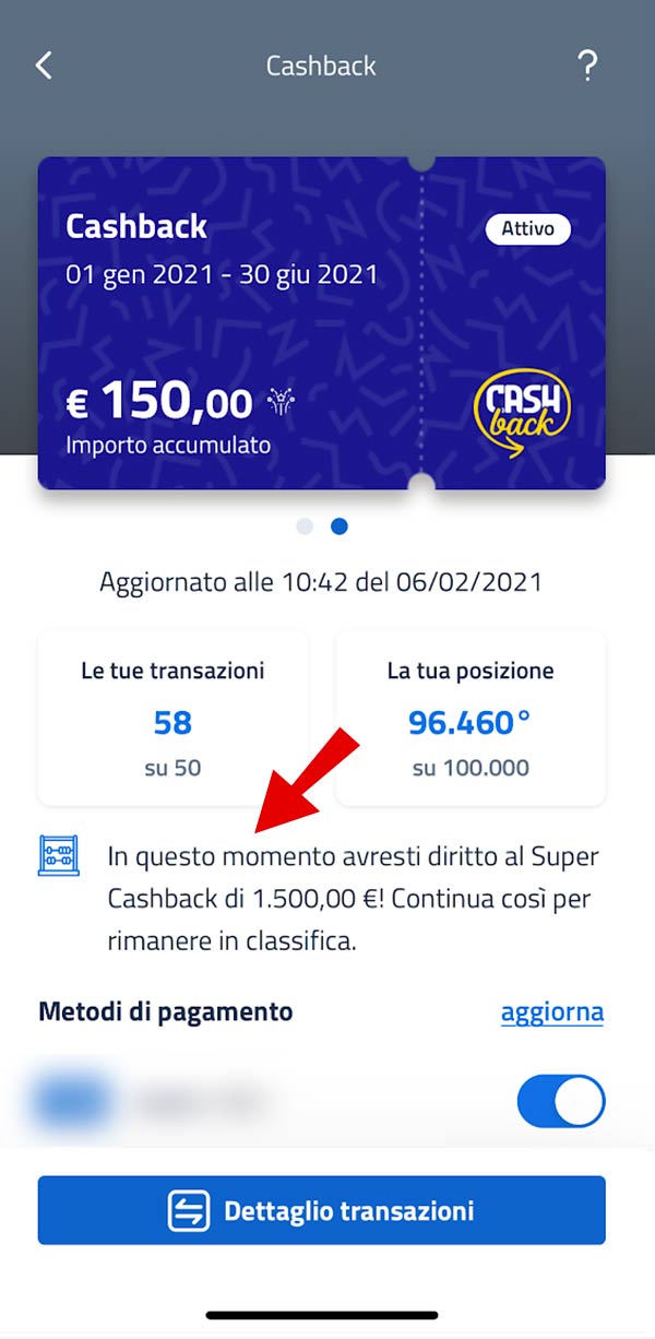 Super Cashback numero transazioni 6 febbraio 2021