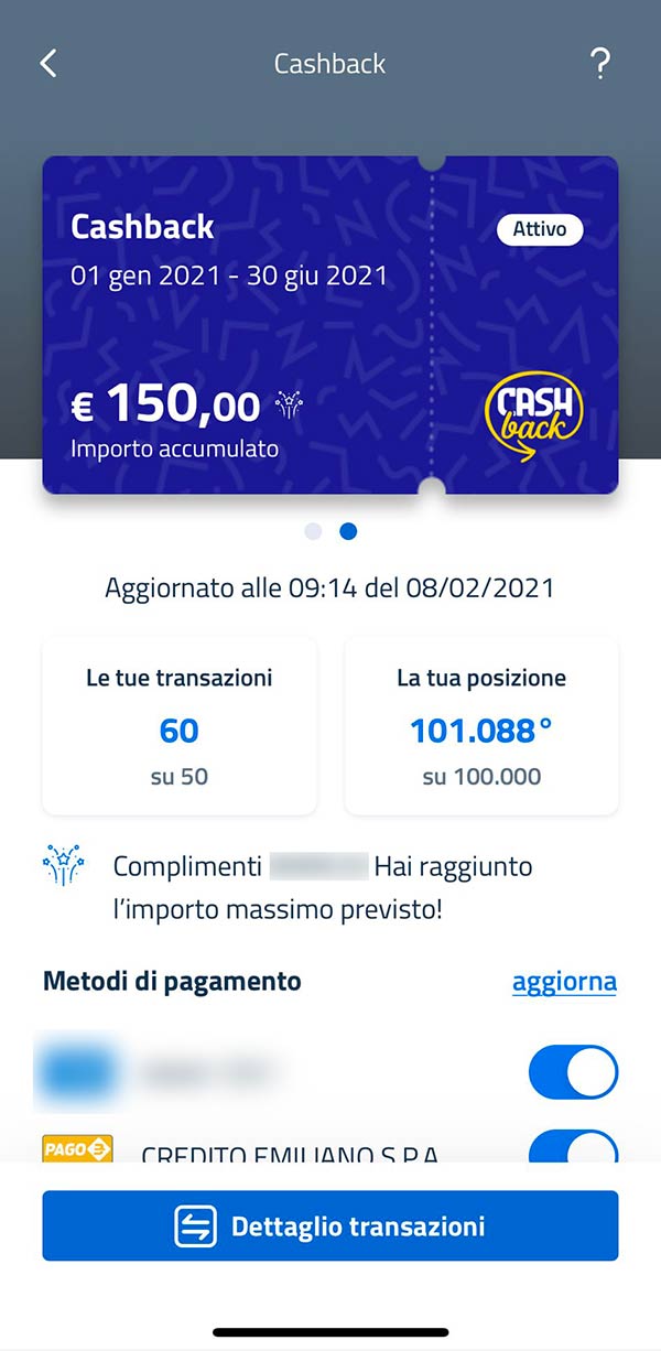 Super Cashback numero transazioni 8 febbraio 2021