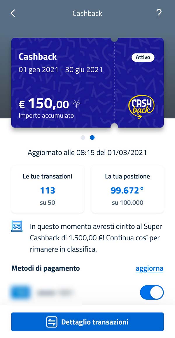 Super cashback transazioni 1 marzo 2021