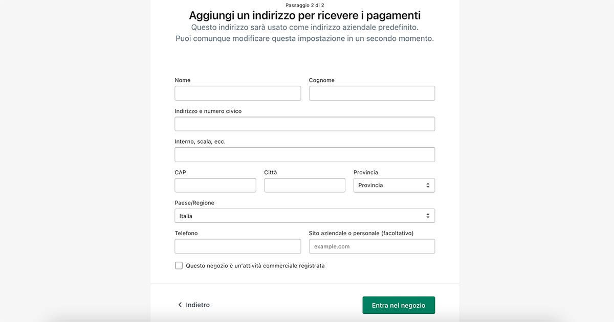 shopify dati pagamento