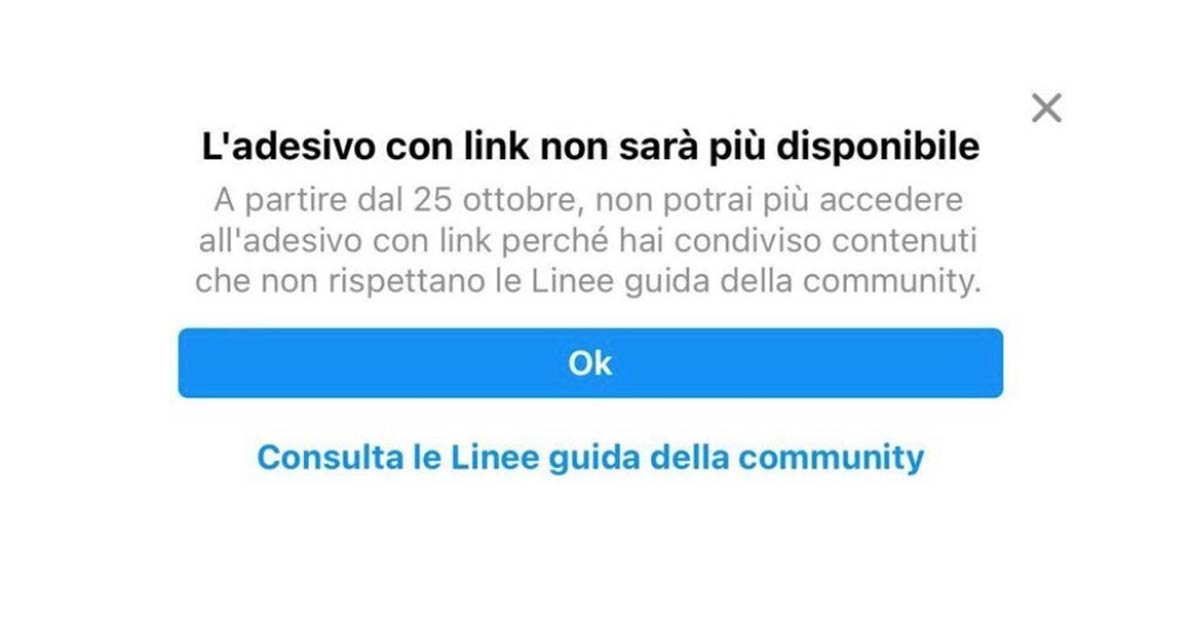 Instagram avviso rimozione sticker link Instagram