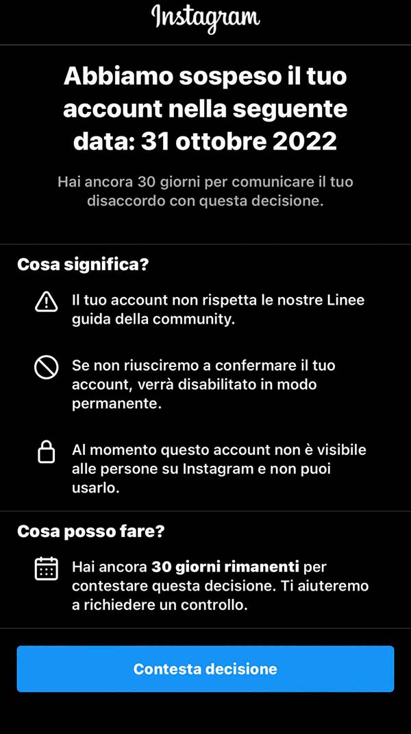 Instagram account sospeso avviso