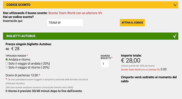 codice sconto eventi in bus simulazione prenotazione