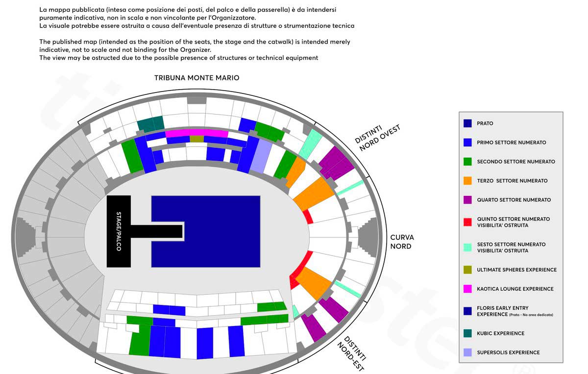 Mappa Stadio Olimpico Roma Coldplay