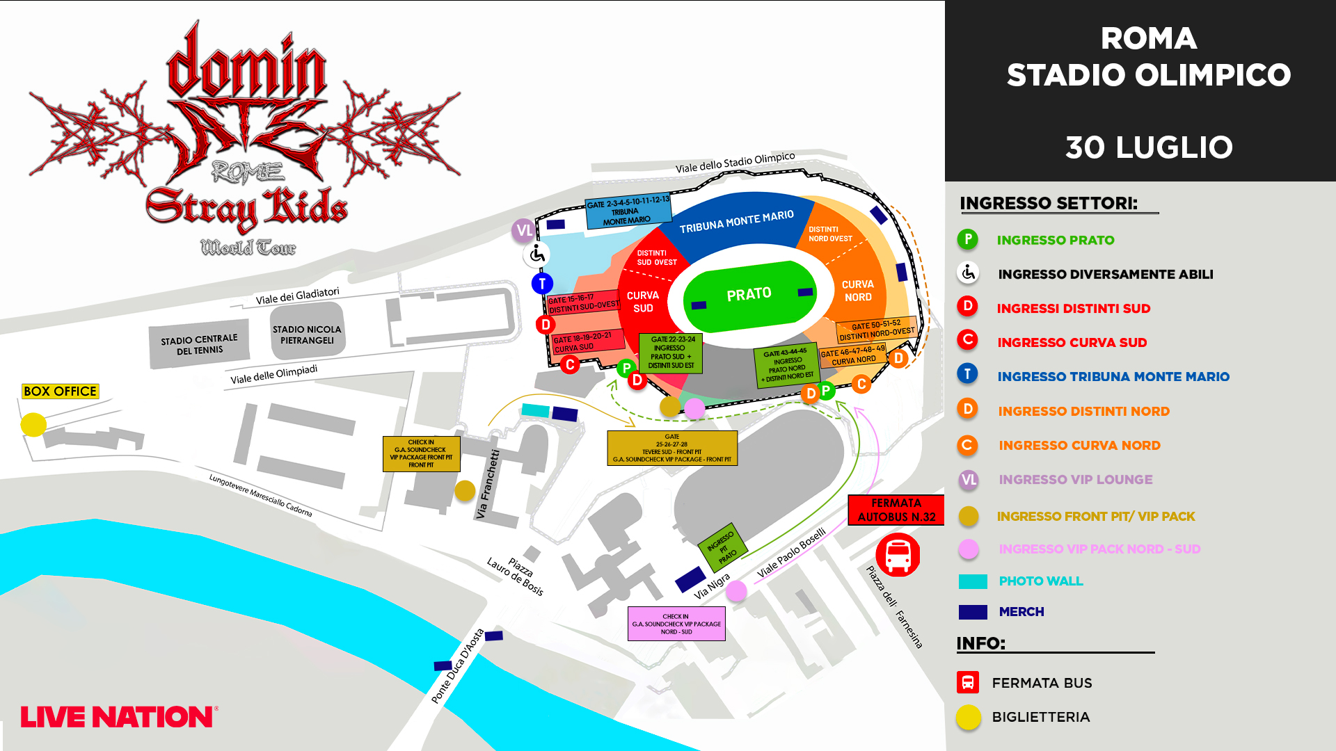 Mappa Stadio Olimpico Roma concerto Stray Kids 2025
