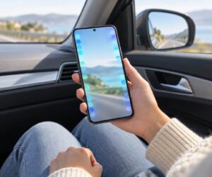 Passeggera usa Motion Assist su uno smartphone Android durante un viaggio in auto