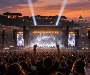 Concerto rock allo Stadio Olimpico di Roma al tramonto