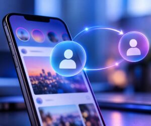 Smartphone con profili social collegati, illustrazione della gestione degli account Meta su Instagram